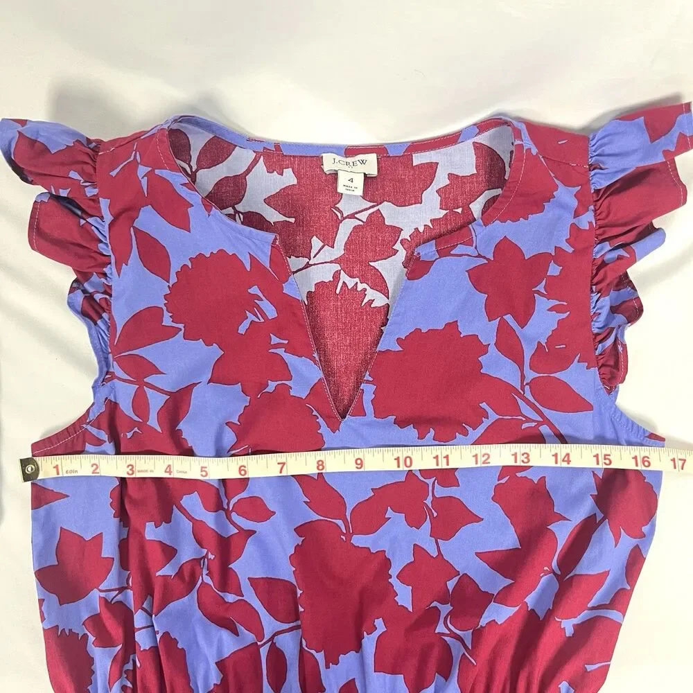 J.Crew Dress Size 4 Purple Red Floral Midi Ruffle Sleeve Cotton Tiered Casual